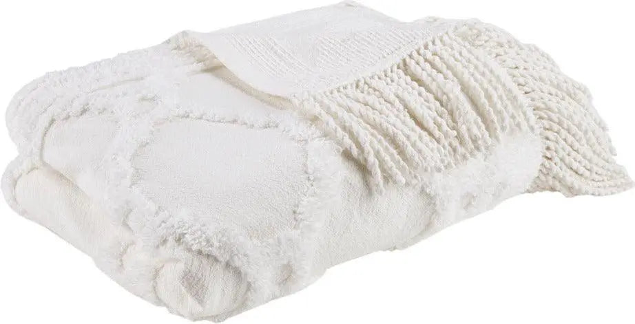 1 Farm House Cotton Tufted Chenille Lightweight Throw With Fringe Tassel 50x60+4x2" Ivory Olliix.com