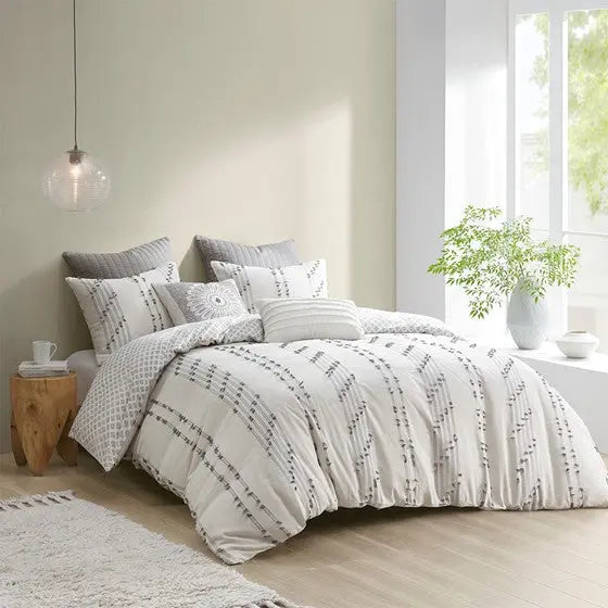 3 Piece Cotton Jacquard Duvet Cover Set Ivory Cal King Olliix.com