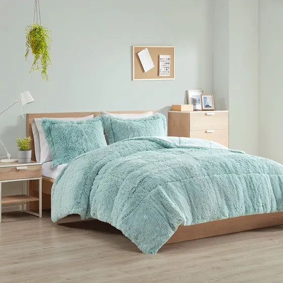 Shaggy Long Fur Comforter Mini Set Aqua Twin XL Olliix.com