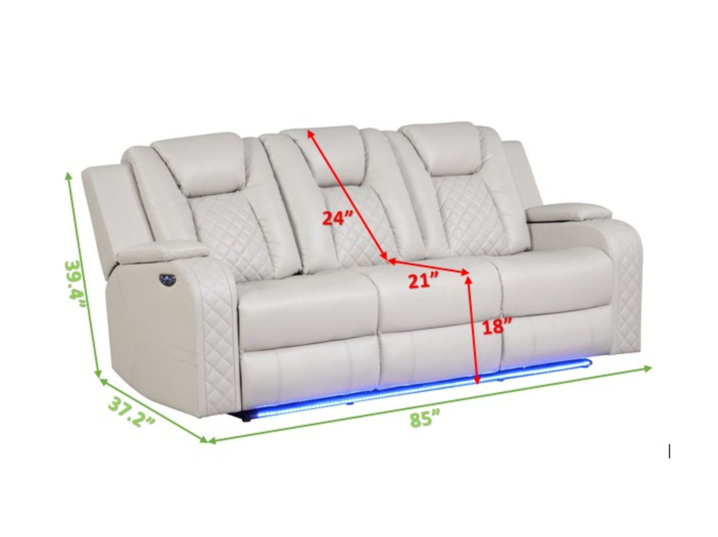Benz LED & Power Reclining Sofa Made With Faux Leather in Ice House to Home Furnishings LLC