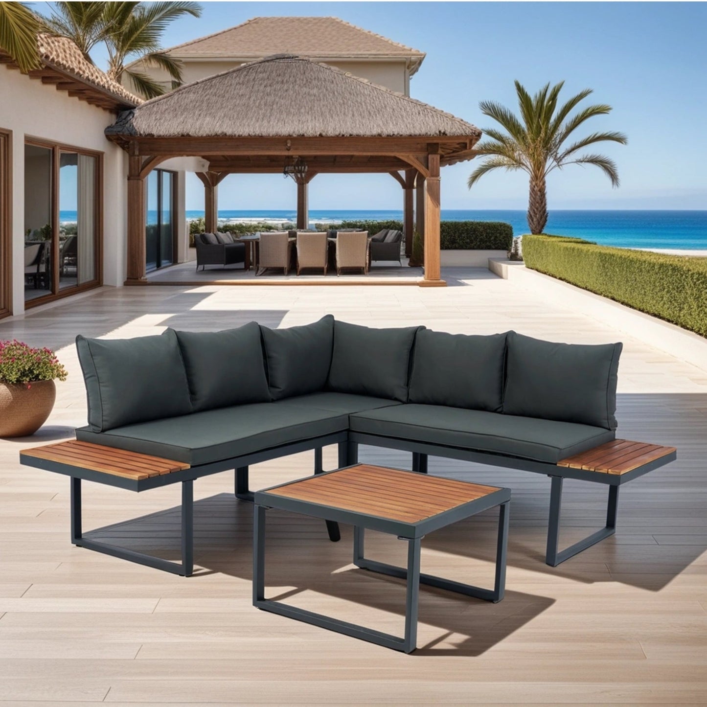 4 Piece L-Shaped Patio Wicker Outdoor 5-Seater Sectional Sofa Seating Group Conversation Sets with Side Table & Dark Grey Cushions House to Home Furnishings LLC