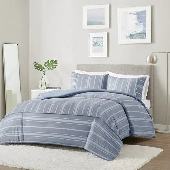 3 Piece Striped Herringbone Oversized Duvet Cover Set Blue Full/Queen Olliix.com