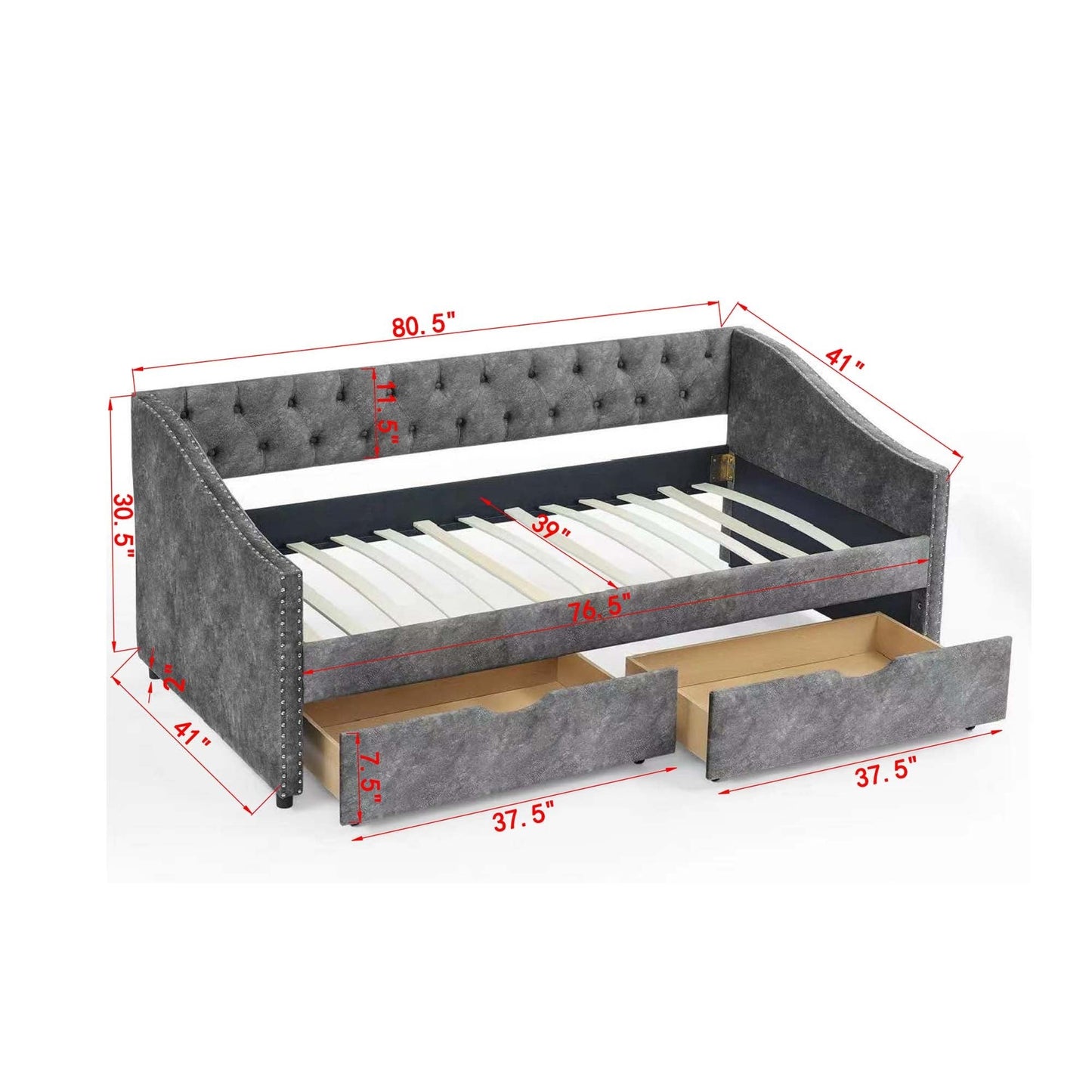 Twin Size Daybed with Drawers Upholstered Tufted Sofa Bed, with Button on Back and Copper Nail on Waved Shape Arms, Grey (81.5''x4''x30.5'') House to Home Furnishings LLC