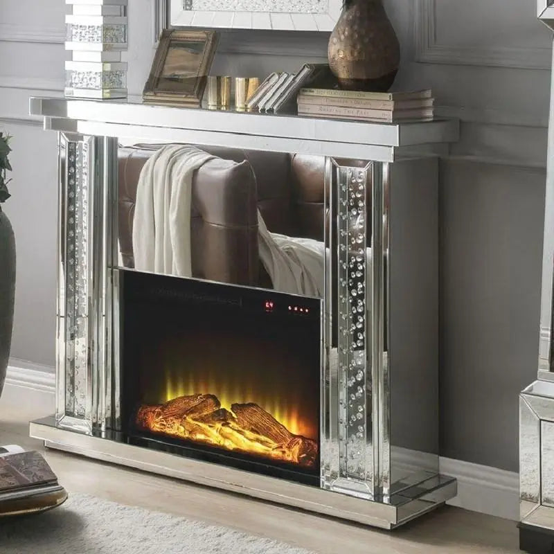 Acme Furniture Nysa Fireplace in Mirrored & Faux Crystals 90254 ACME East