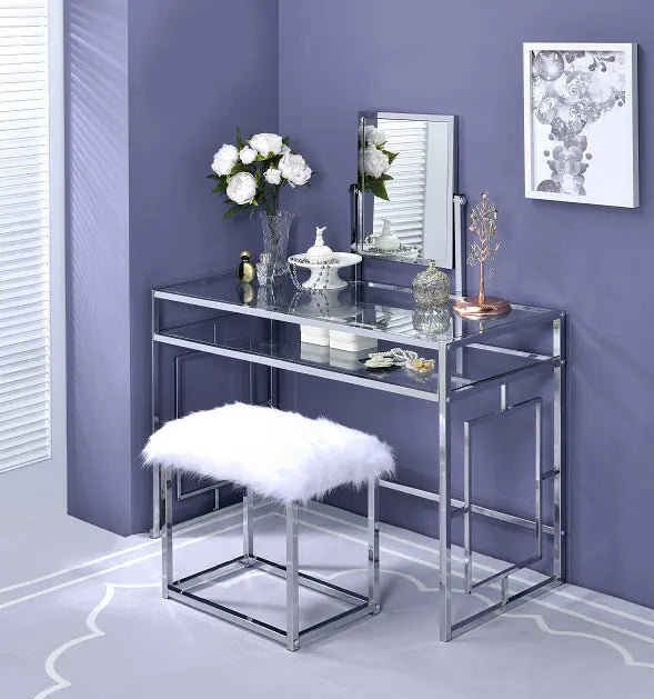 Carenze II White Faux Fur & Chrome Vanity Set ACME East