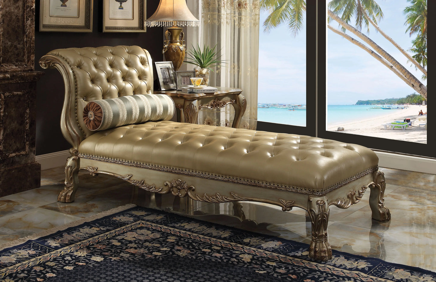 Dresden Bone PU & Gold Patina Chaise & Pillow ACME East