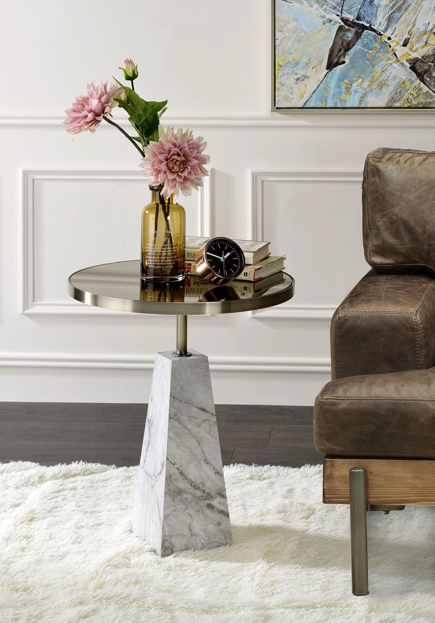 Galilahi Mirrored, Faux Marble & Antique Gold Side Table ACME East