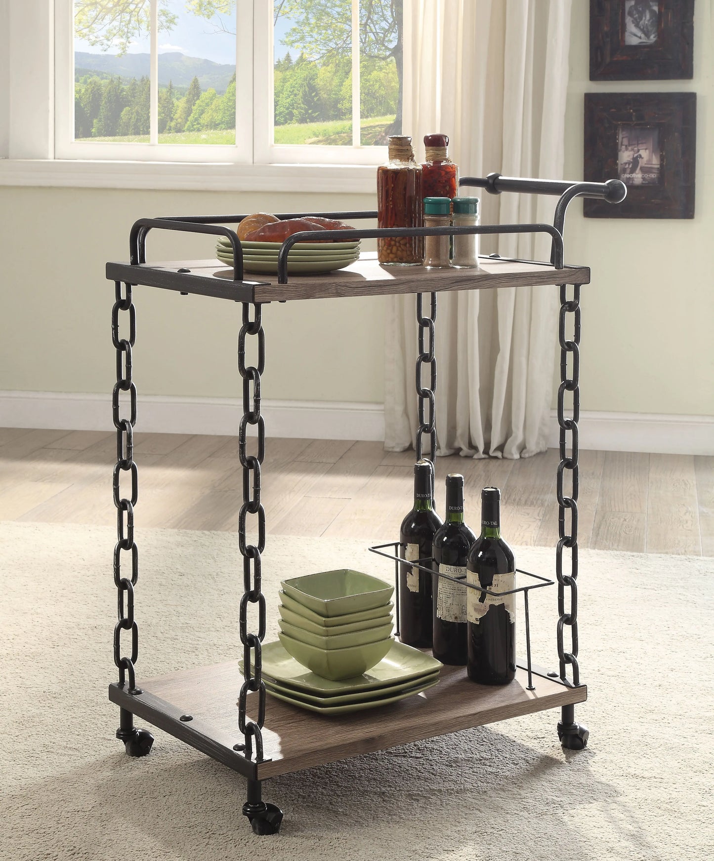 Jodie Rustic Oak & Antique Black Serving Cart ACME East