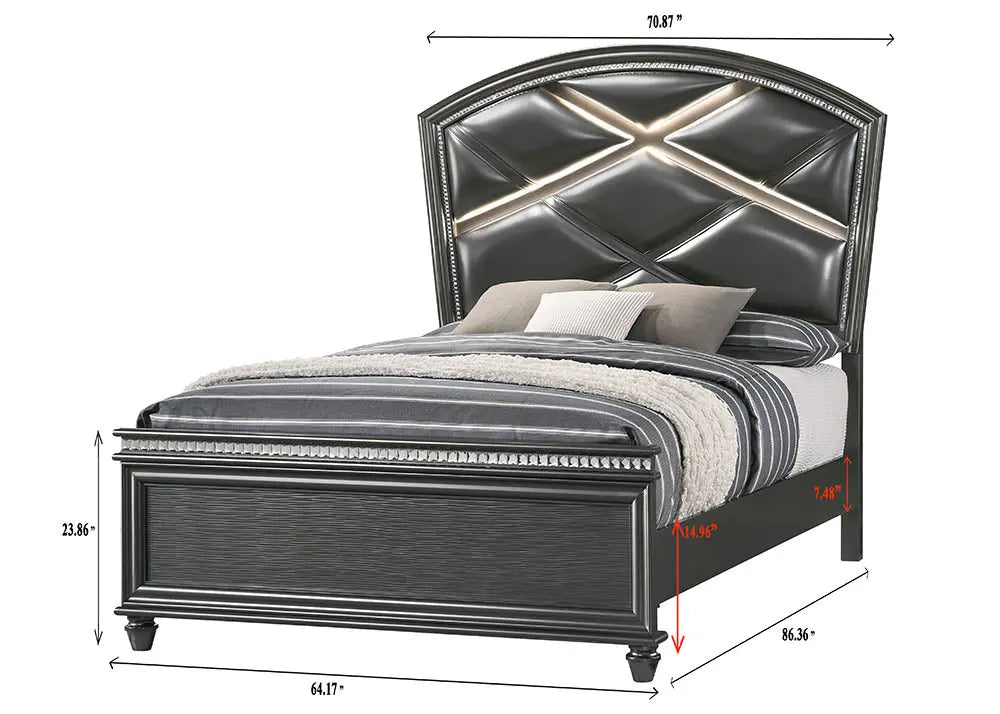 Adira Gray Queen LED Upholstered Panel Bed Crown Mark