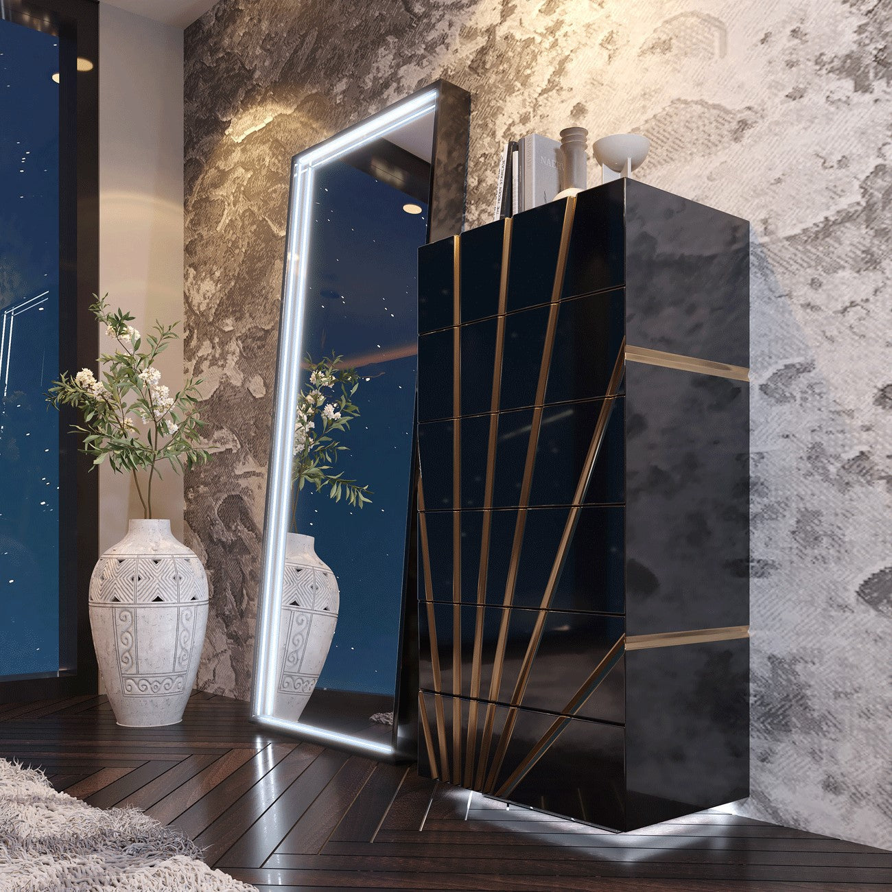 ESF Furniture - Oro 6 Piece Eastern King Bedroom Set w/Light in Black - OROKSBED-6SET-BLACK ESF Furniture