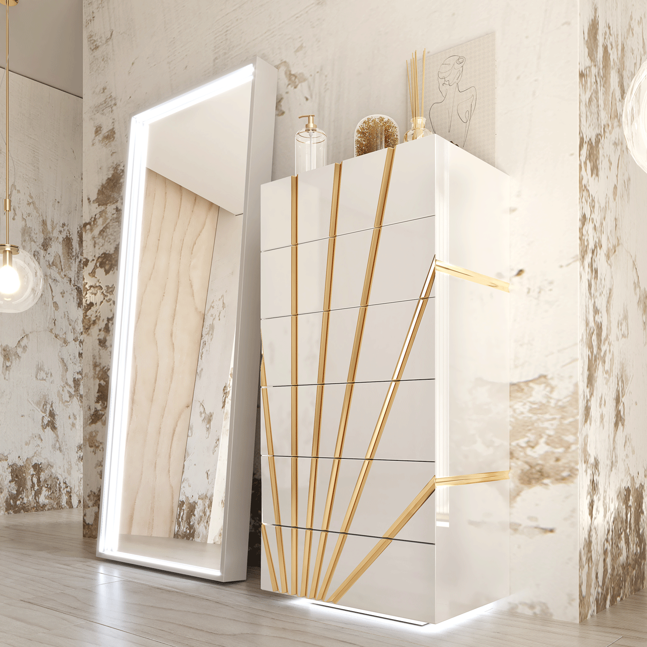 ESF Furniture - Oro 6 Piece Eastern King Bedroom Set w/Light in White - OROKSBED-6SET ESF Furniture