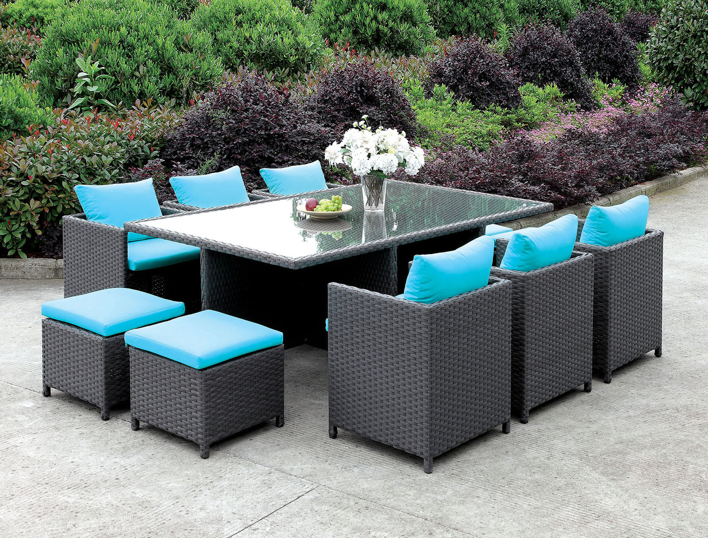 Ashanti Light Brown Wicker/Turquoise Cushion 11 Pc. Patio Dining Table Set FOA East
