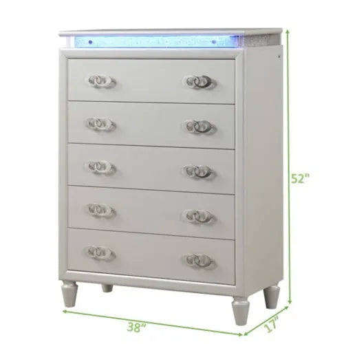 Passion Queen 6 PC Bed Room Set Nightstand Dresser Chest Cabinet Cupboard Forcer Milky White with Led Bedroom Furniture House to Home Furnishings LLC