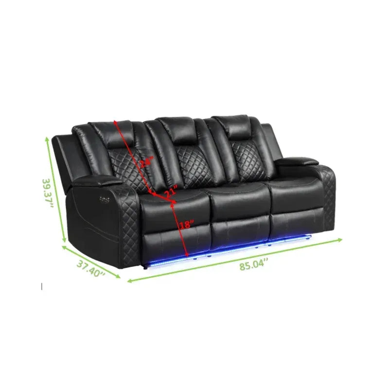 Benz LED & Power Reclining Sofa Made With Faux Leather in Black House to Home Furnishings LLC