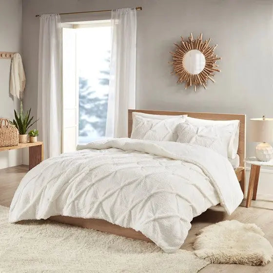 Pintuck Sherpa Down Alternative Comforter Set Ivory Full/Queen Olliix.com