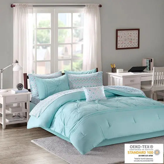 Embroidered Comforter Set with Bed Sheets Aqua Twin XL Olliix.com