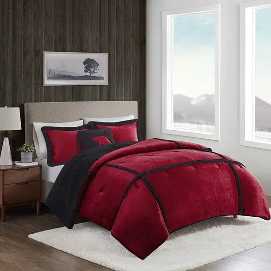 Plush to Sherpa Comforter Set Red King Olliix.com