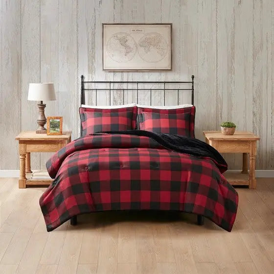 Faux Wool to Faux Fur Down Alternative Comforter Set Red Buffalo Check Full/Queen Olliix.com