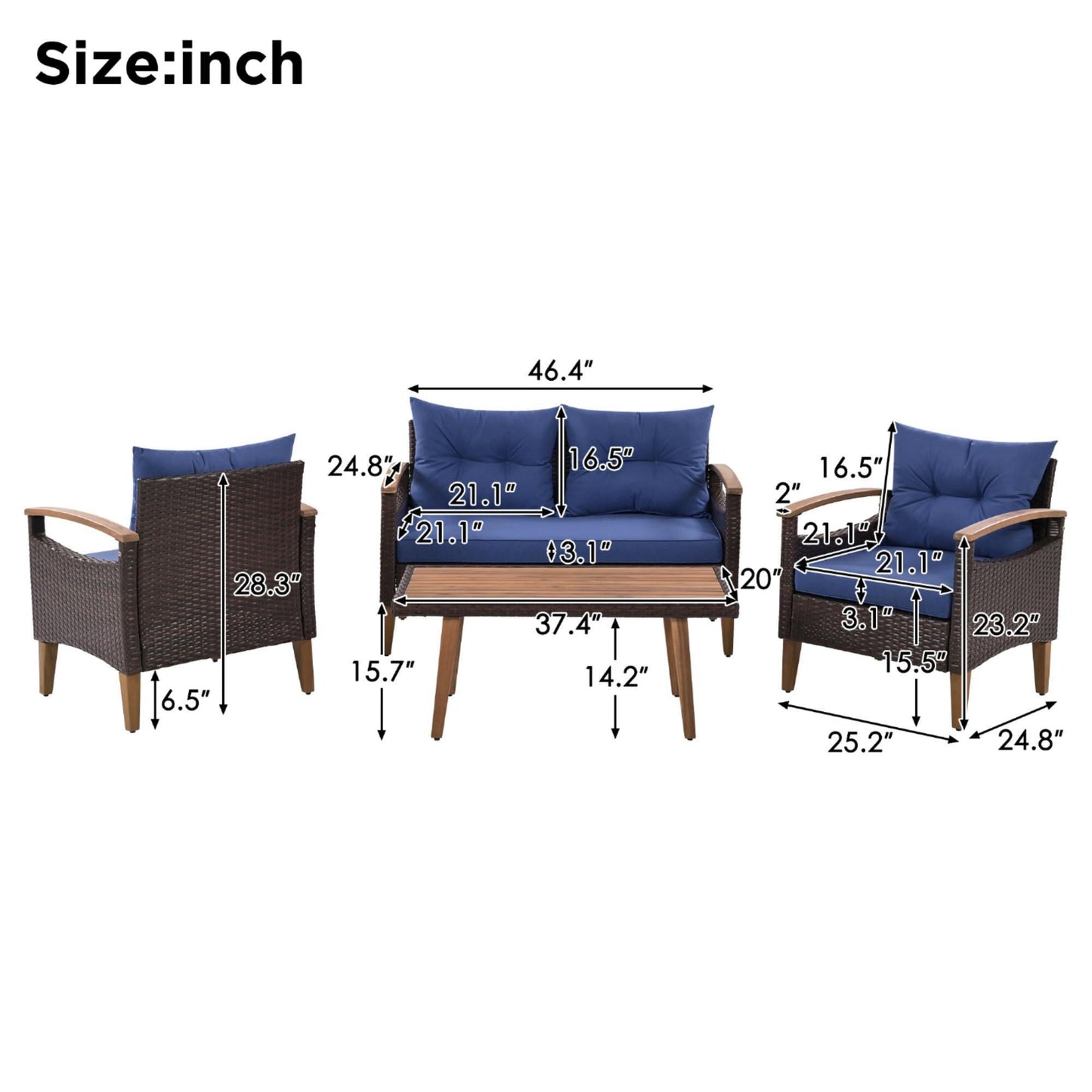 GO 4-Piece Garden Furniture, Patio Seating Set, PE Rattan Outdoor Sofa Set, Wood Table and Legs, Brown and Blue House to Home Furnishings LLC