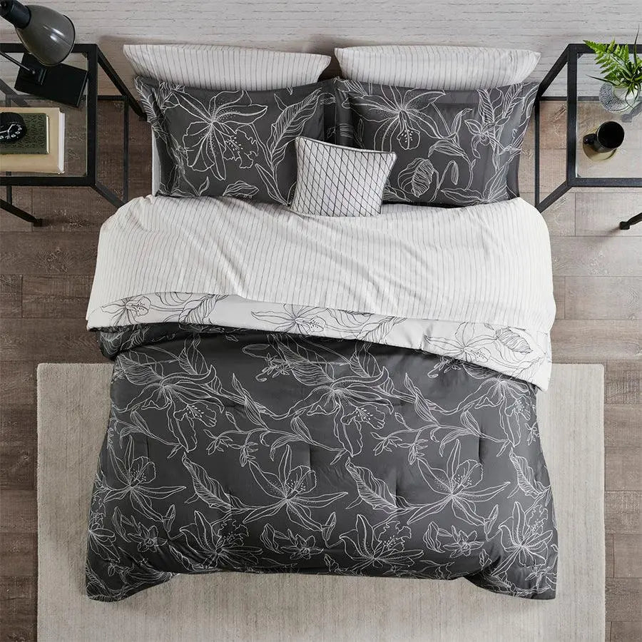 Lilia California King Reversible Complete bedding set with Cotton Sheet White & Charcoal Olliix.com