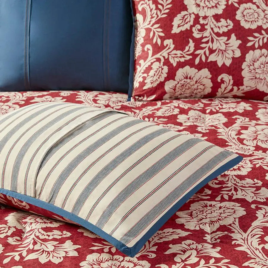 Lucy California King 9 Piece Cotton Twill Cottage & Country Reversible Comforter Set Red Olliix.com