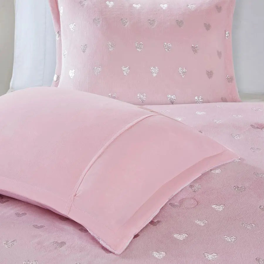 Rosalie Modern Metallic Printed Plush Comforter Set Pink | Silver Twin/Twin XL Olliix.com