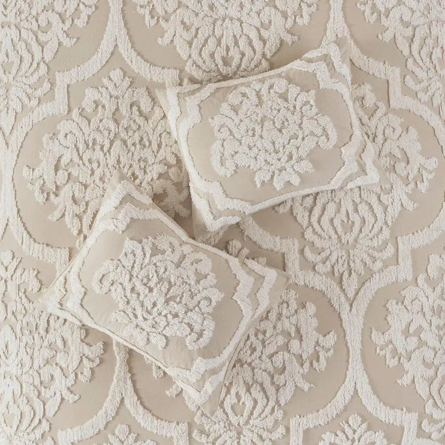 Viola Shabby Chic 3 Piece Tufted Cotton Chenille Damask Duvet Cover Set King/Cal King Taupe Olliix.com