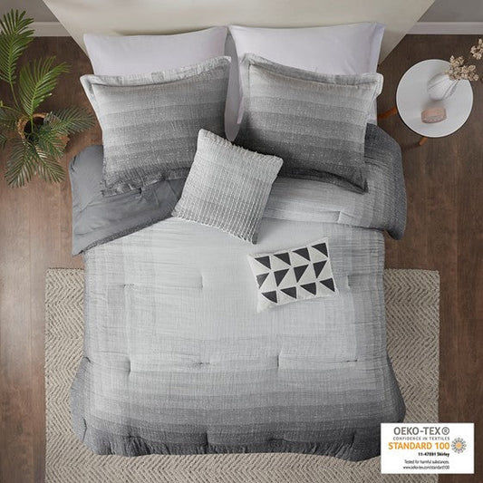 5 Piece Ombre Printed Cotton Gauze Comforter Set Charcoal Full/Queen Olliix.com