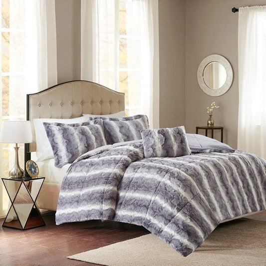 3PC Faux Fur Comforter Set Grey Twin Olliix.com