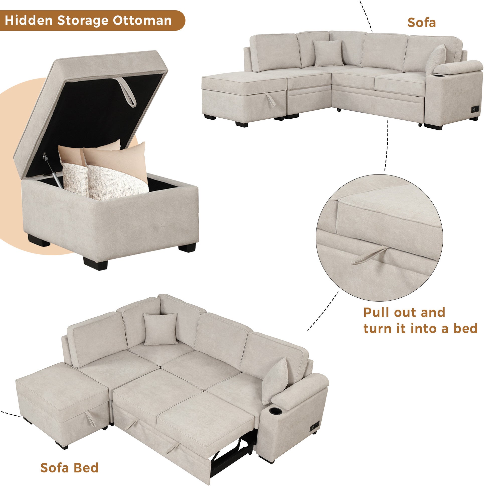 87.4" Sleeper Sofa Bed,2 in 1 Pull Out sofa bed L Shape Couch with Storage Ottoman for Living Room,Bedroom Couch and Small Apartment, Beige House to Home Furnishings LLC