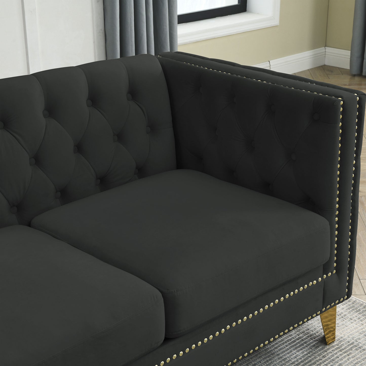 {Contact us for 3D modeling} Velvet Sofa for Living Room,Buttons Tufted Square Arm Couch, Modern Couch Upholstered Button and Metal Legs, Sofa Couch for Bedroom, Black Velvet(W834S00022) House to Home Furnishings LLC