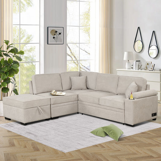 87.4" Sleeper Sofa Bed,2 in 1 Pull Out sofa bed L Shape Couch with Storage Ottoman for Living Room,Bedroom Couch and Small Apartment, Beige House to Home Furnishings LLC