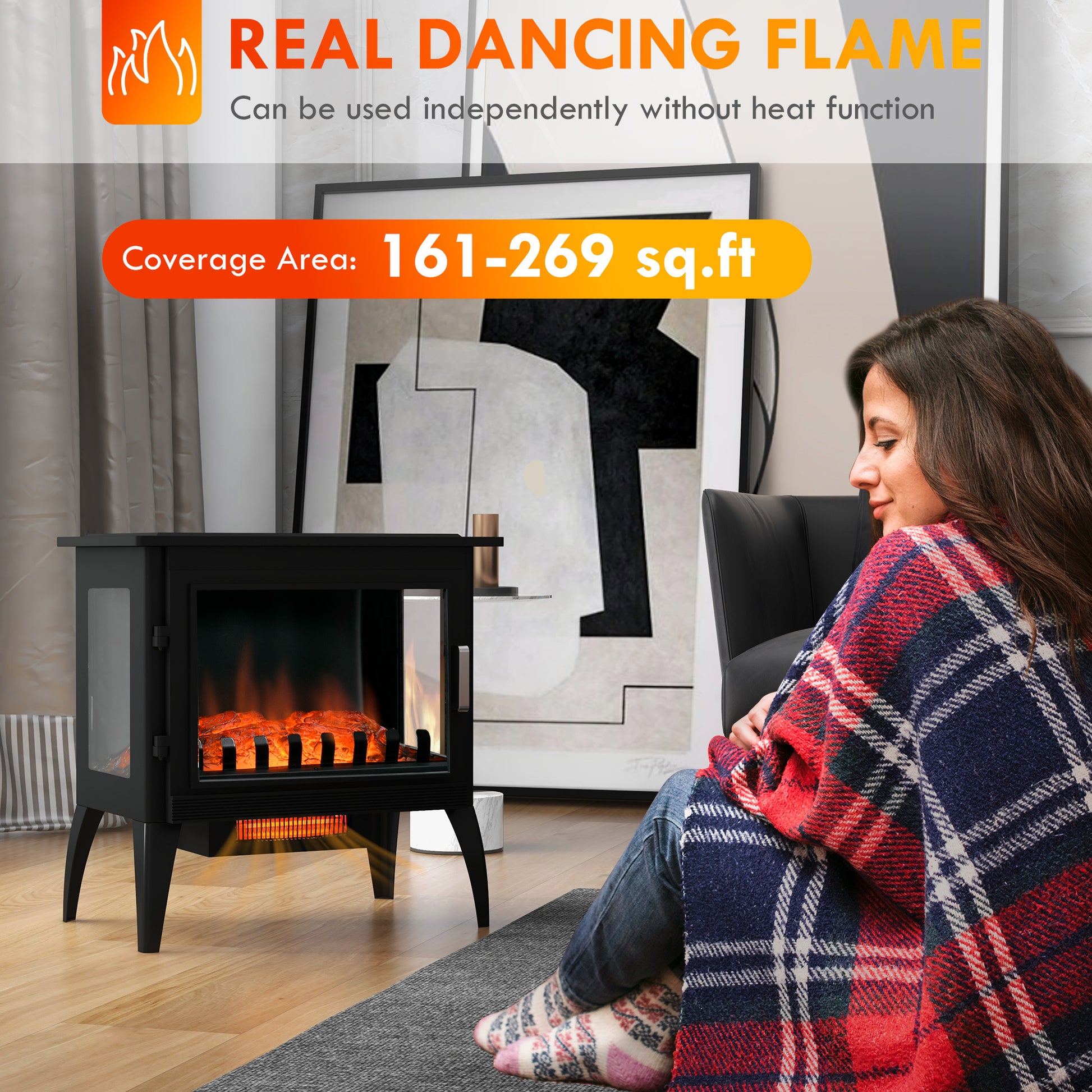 24" Electric Fireplace Stove, Freestanding Infrared Fire Place Heater with Realistic Logs Flame, Adjustable Temperature, Overheat Protection, 1000W/1500W, Black House to Home Furnishings LLC