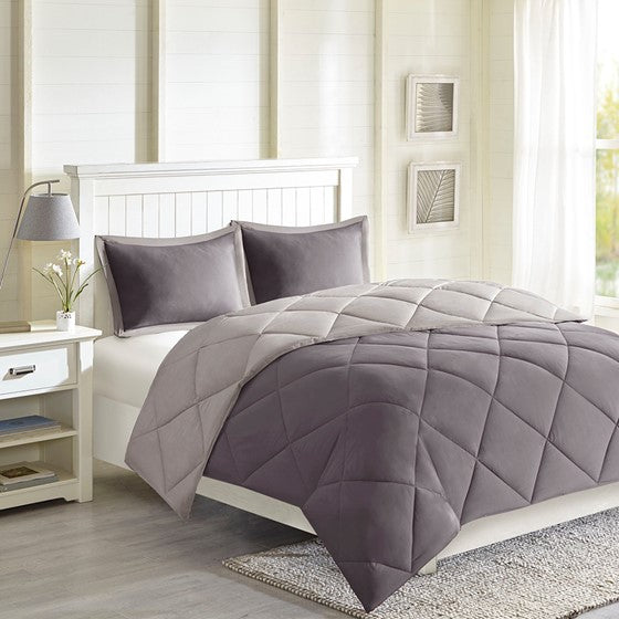 3M Scotchgard Diamond Quilting Reversible Down Alternative Comforter Set Charcoal/Grey Full/Queen Olliix.com