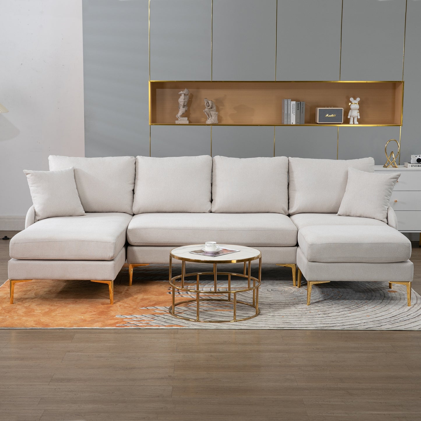 Estella 110'' Wide Reversible Left or Right Chaise of Sectional Sofa U-Shape Convertible Sofa Couch 4-Seat Couch with Chaise Lounge Upholstered for Living Room, Apartment, Office, Beige Polyester Blend House to Home Furnishings LLC