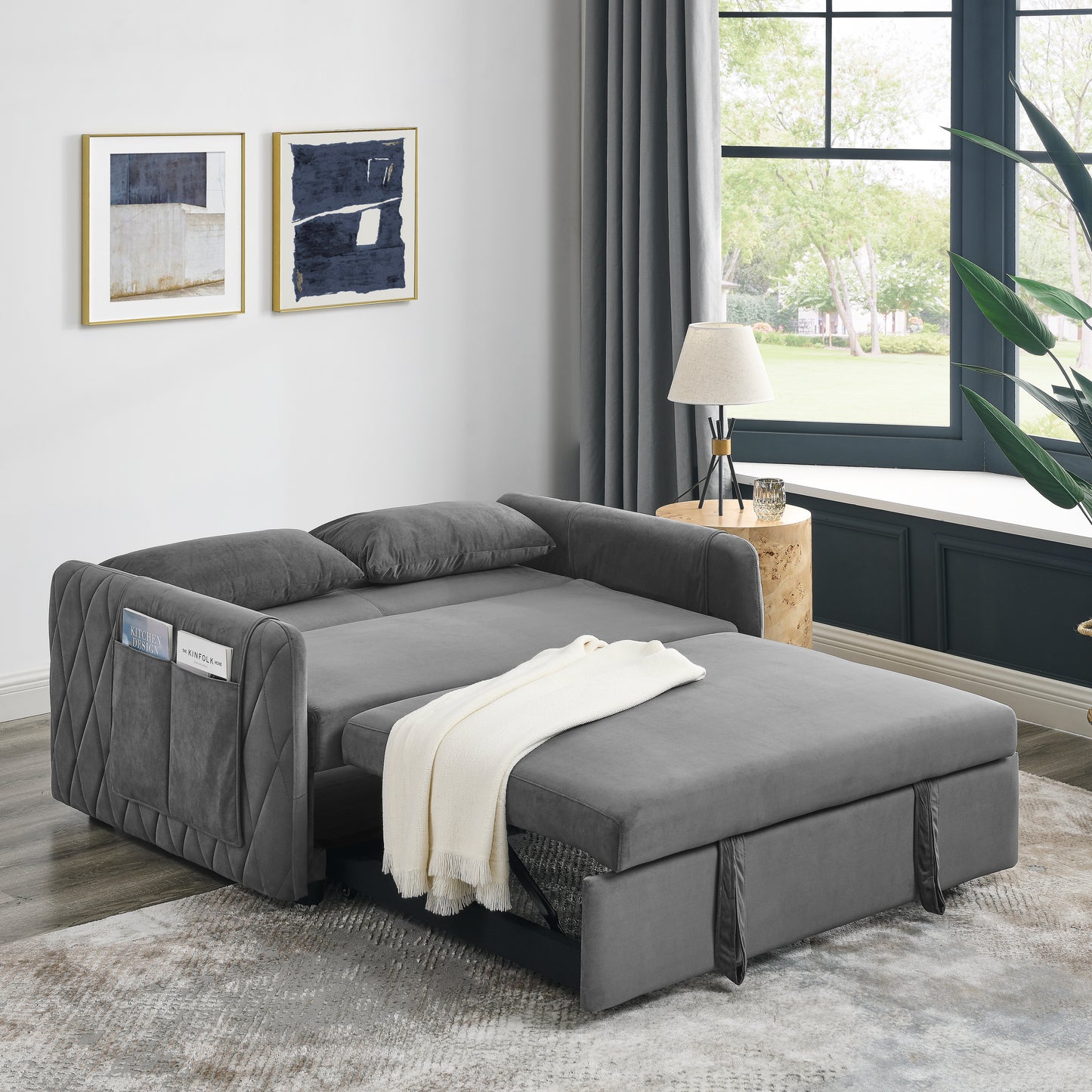 55" Modern Convertible Sofa Bed with 2 Detachable Arm Pockets, Velvet Loveseat Sofa with Pull Out Bed, 2 Pillows and Living Room Adjustable Backrest, Grid Design Armrests House to Home Furnishings LLC