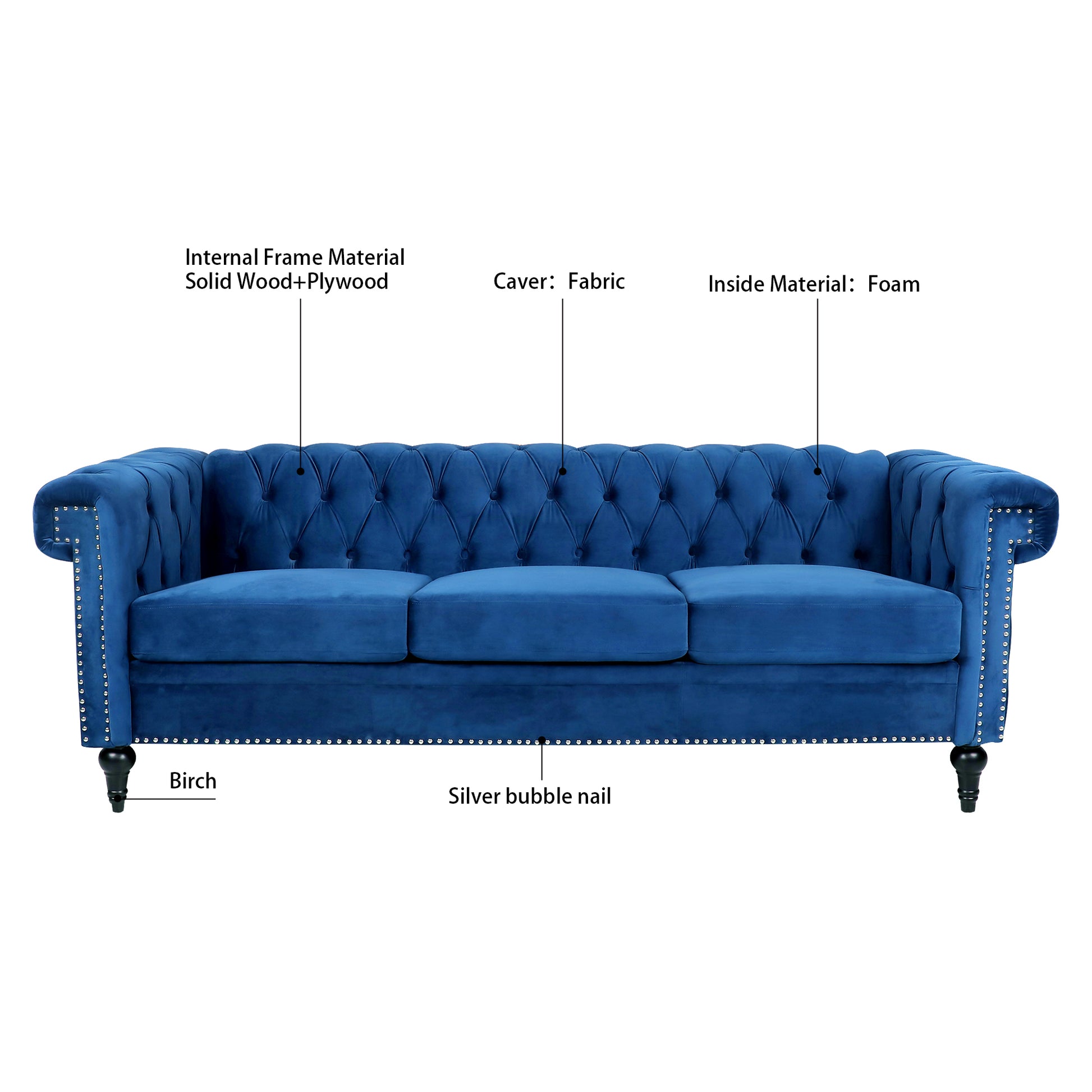 83.66 Inch Width Traditional  Square Arm removable cushion 3 seater Sofa House to Home Furnishings LLC