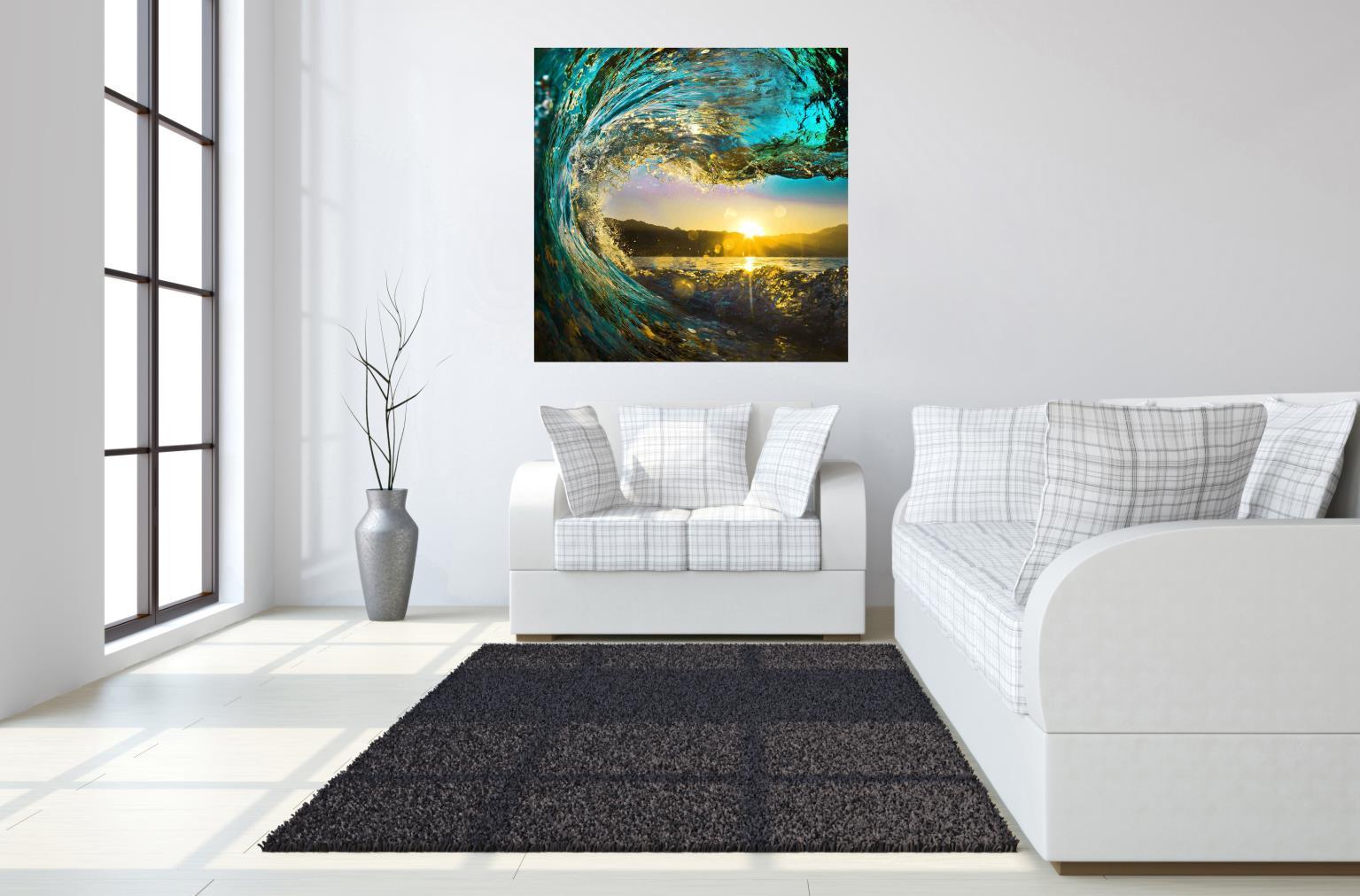 Floating Tempered Glass With Foil Waves On Sunset - Blue Classy Art