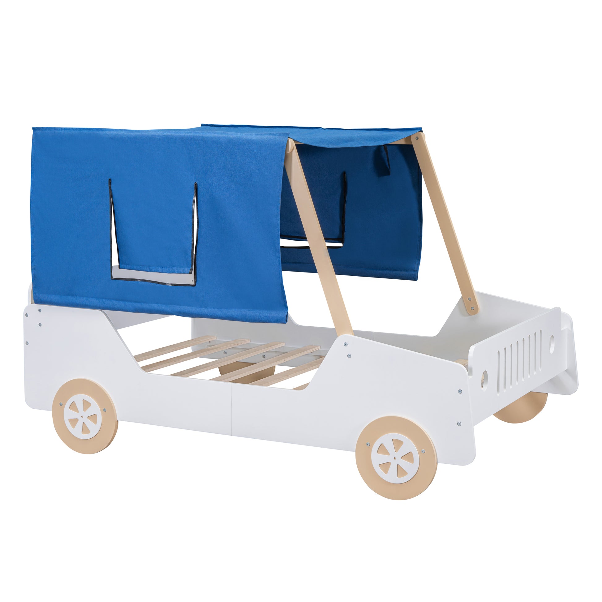 Full Size Car Shaped Bed with Tents,White+Natural House to Home Furnishings LLC