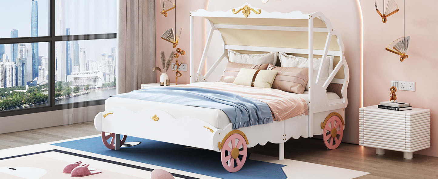 Full Size Princess Carriage Bed with Canopy, Wood Platform Car Bed with 3D Carving Pattern, White+Pink+Gold House to Home Furnishings LLC