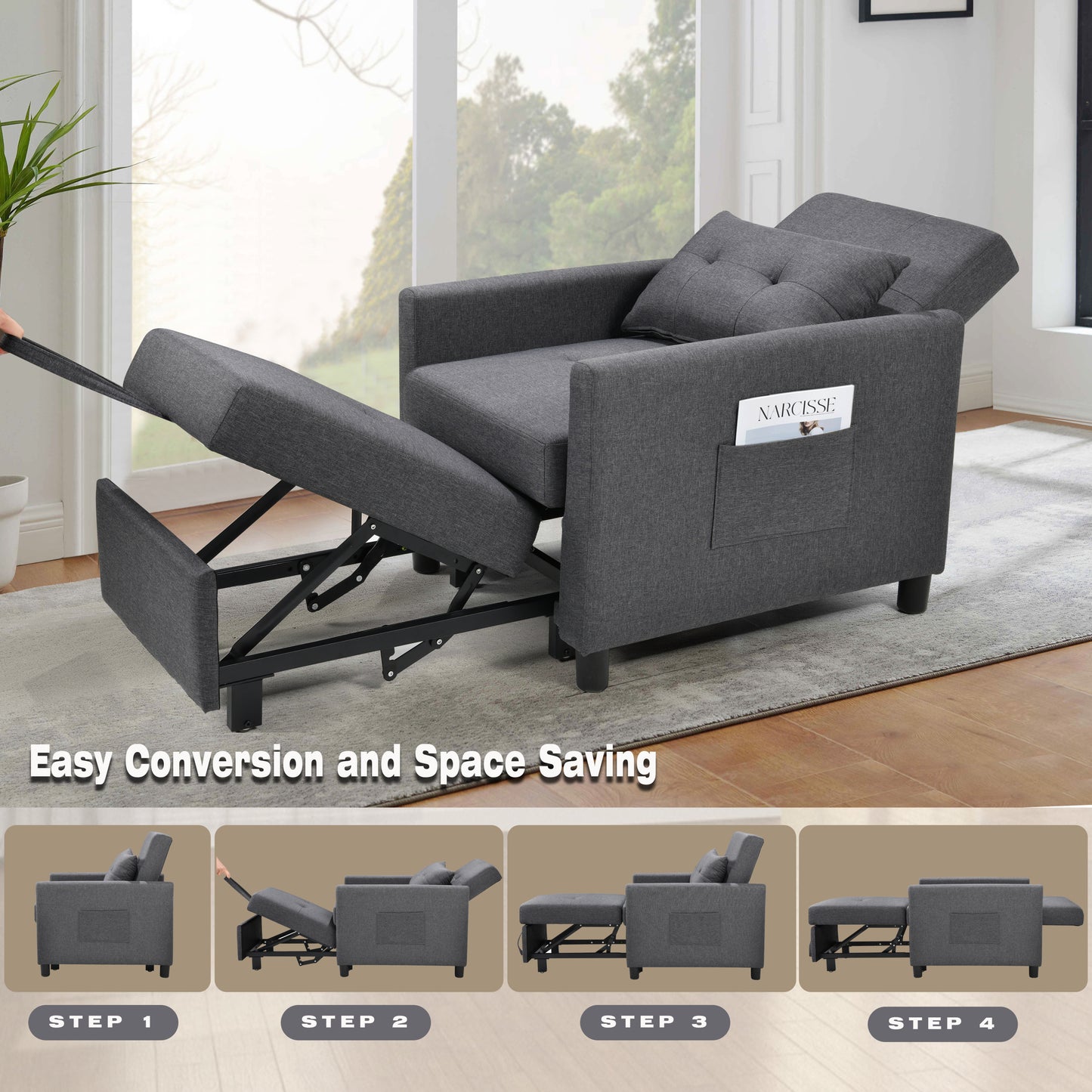 Single Sofa Bed with Pullout Sleeper, Convertible Folding Futon Chair, Lounge Chair Set with 1pc Lumbar pillow, Drak Gray color fabric House to Home Furnishings LLC