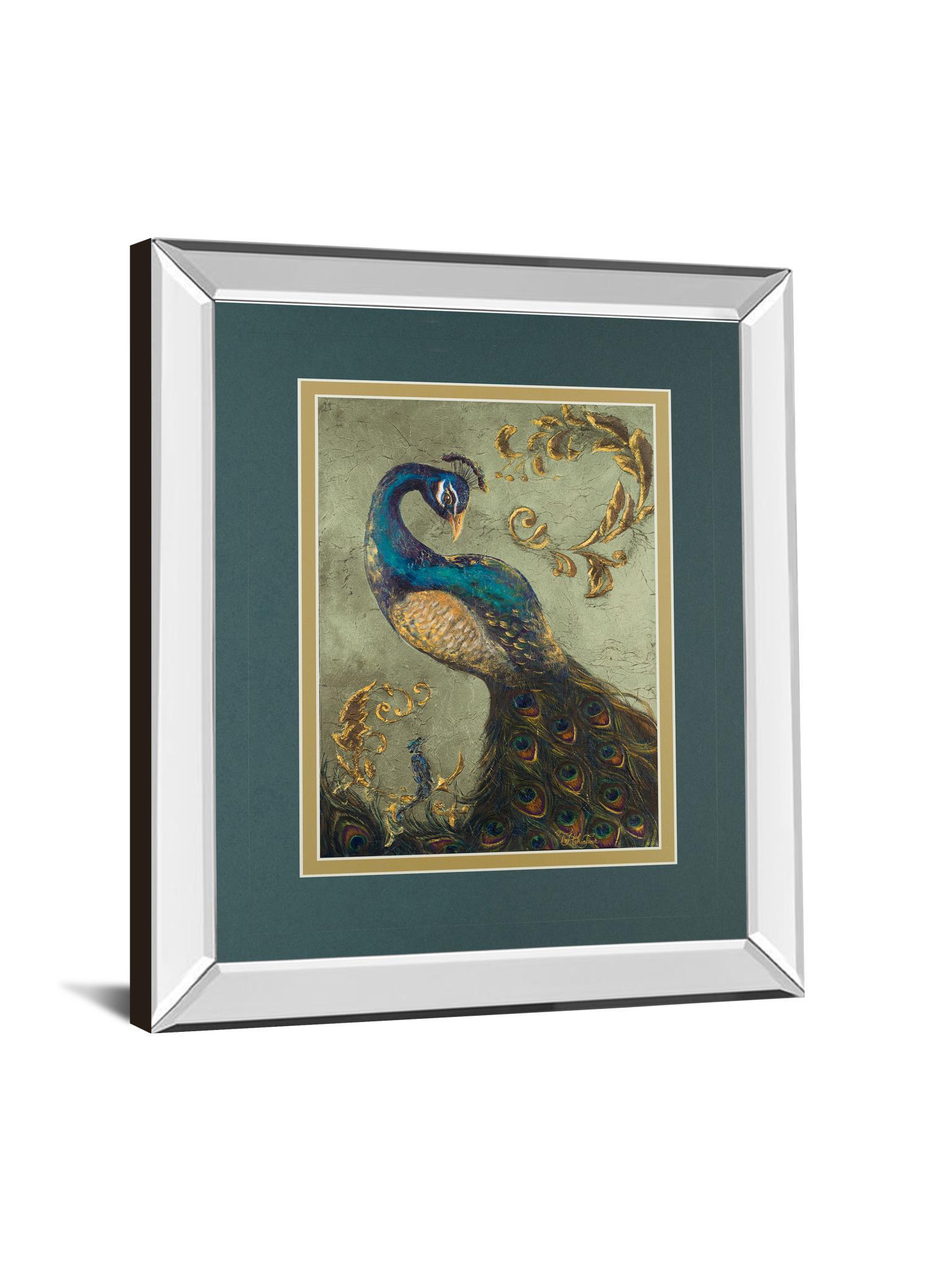 34x40 Peacock On Sage Il By Tiffany Hakimipour - Mirror Framed Print Wall Art - Blue Classy Art