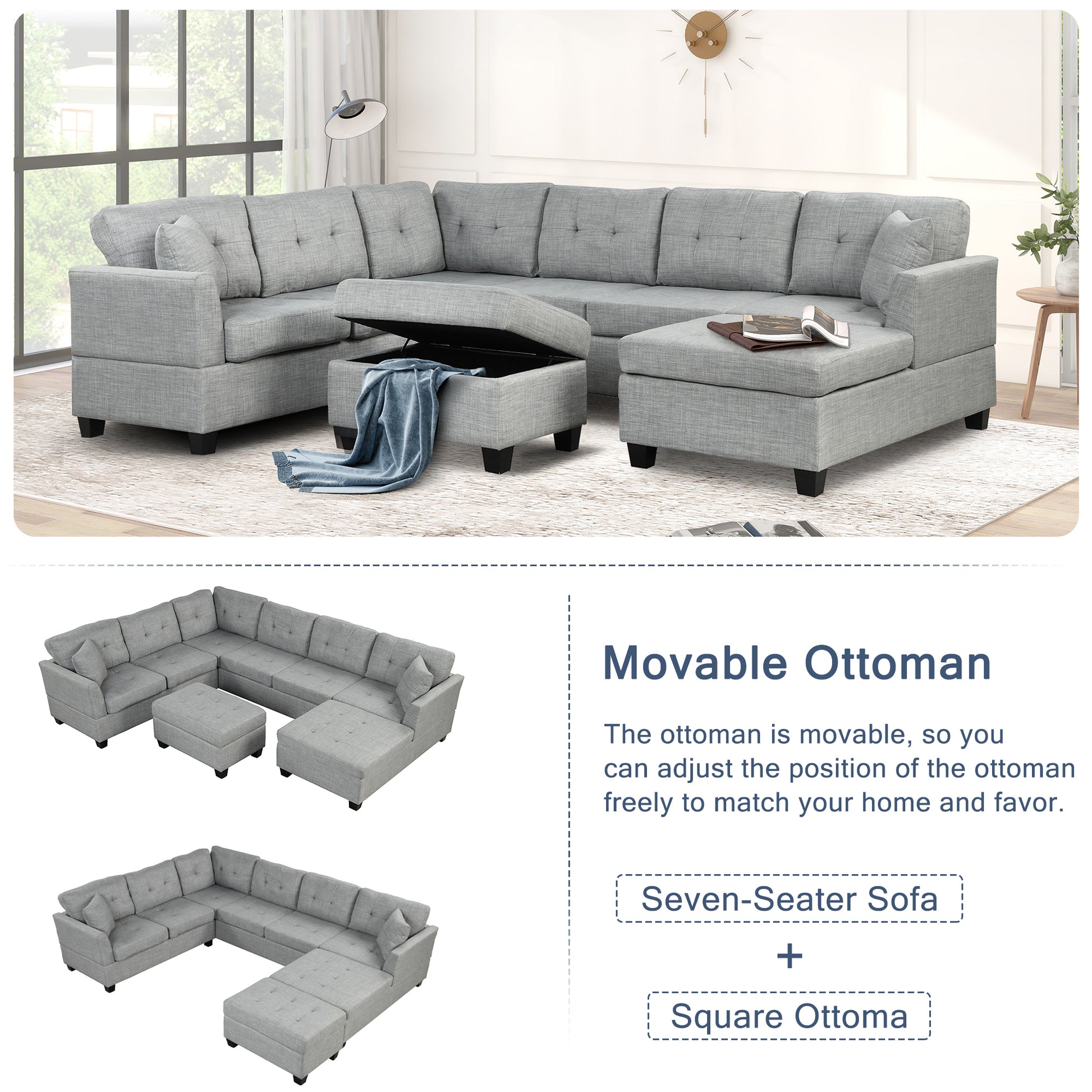 121.3" Oversized Sectional Sofa with Storage Ottoman, U Shaped Sectional Couch with 2 Throw Pillows for Large Space Dorm Apartment House to Home Furnishings LLC