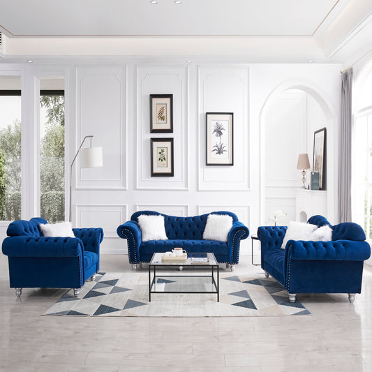3 Piece Living Room Sofa Set, including 3-Seater Sofa, Loveseat and Sofa Chair, with Button and Copper Nail on Arms and Back, Five White Villose Pillow, Blue.