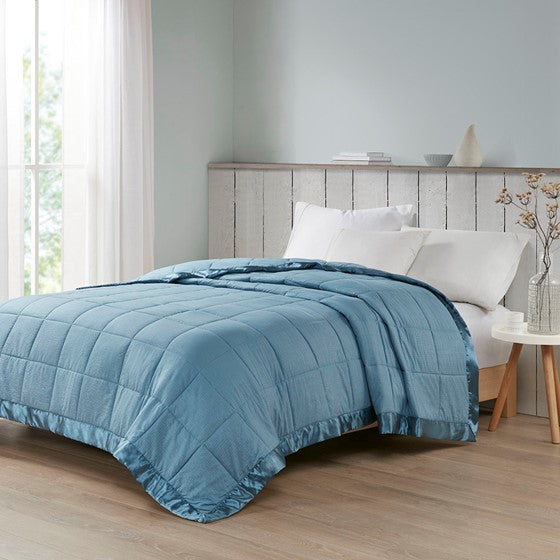 Oversized Down Alternative Blanket with Satin Trim Slate Blue Twin Olliix.com