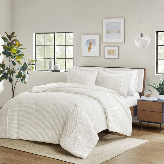 3 Piece Striped Seersucker Oversized Comforter Set Ivory Full/Queen Olliix.com