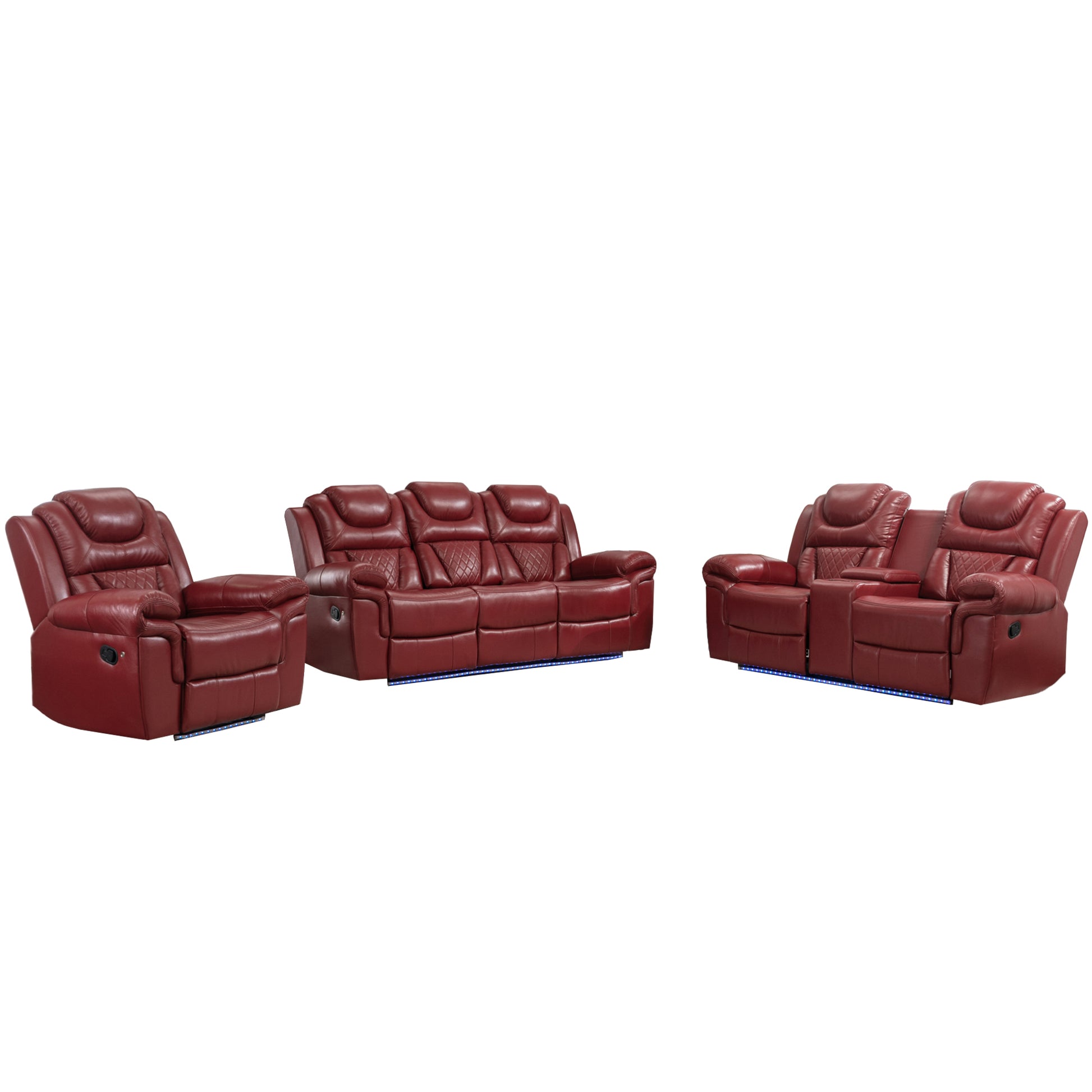 3 Pieces Recliner Sofa Sets Home Theater Seating Manual Recliner Chair with Center Console and LED Light Strip for Living Room, Wind Red House to Home Furnishings LLC