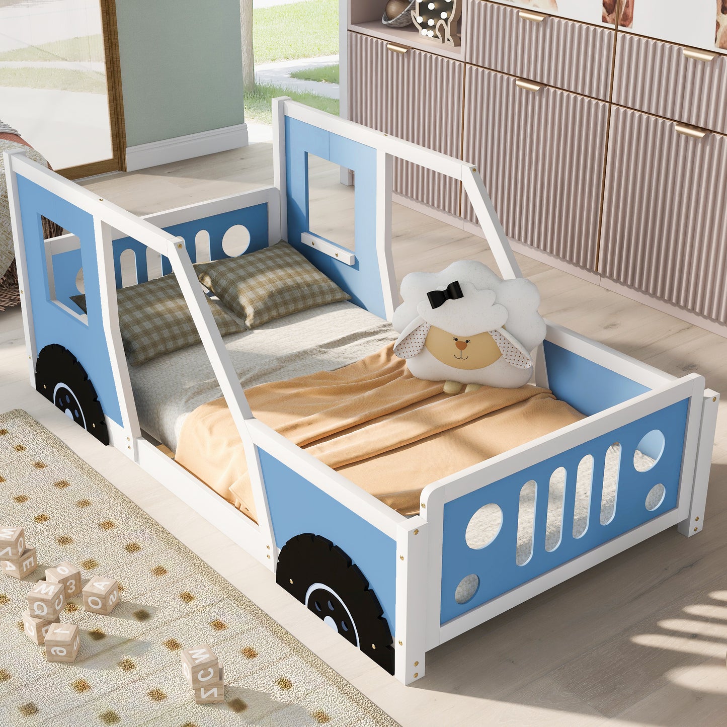 Twin Size Classic Car-Shaped Platform Bed with Wheels,Blue House to Home Furnishings LLC