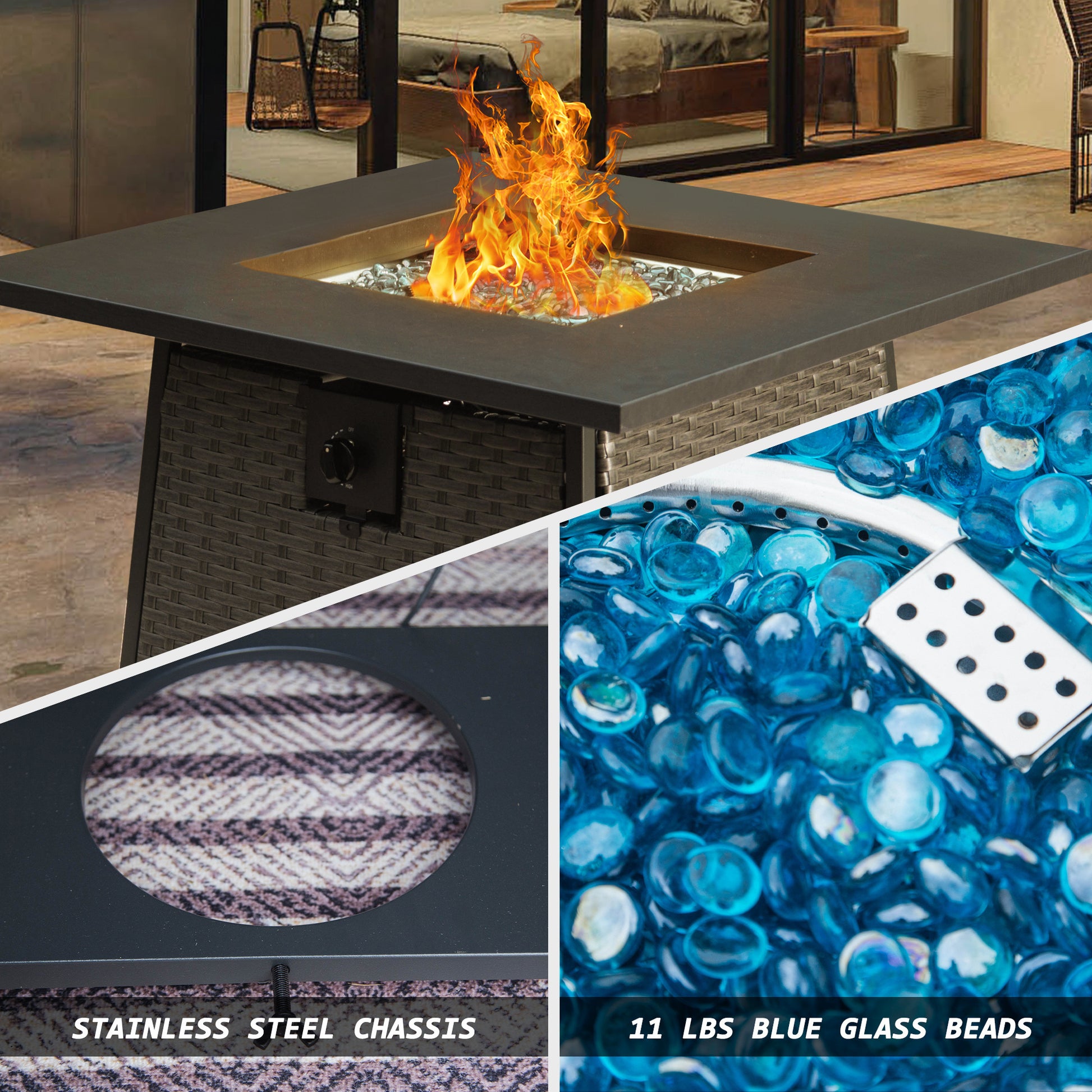 32 Inch Propane Fire Pits Table with Blue Glass Ball,50,000 BTU Outdoor Wicker Fire Table with ETL-Certified,2-in-1 Square Steel Gas Firepits (Dark Gray) House to Home Furnishings LLC