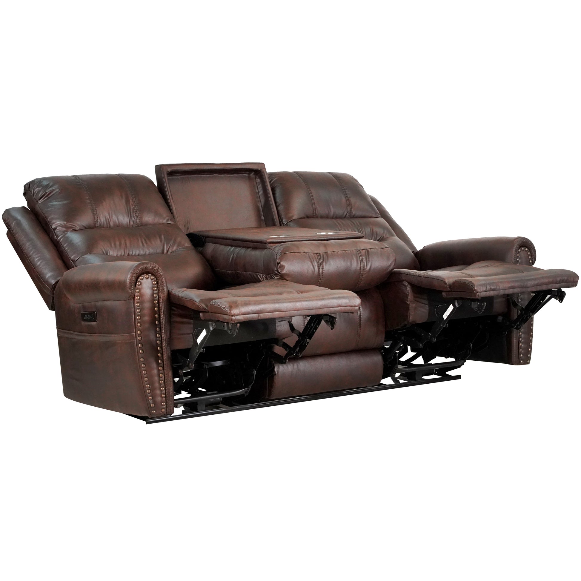 Slora Leather Gel Brown Power Reclining 81.5" Sofa With Power Headrest and Dropdown Center Table ( Sofa ) House to Home Furnishings LLC